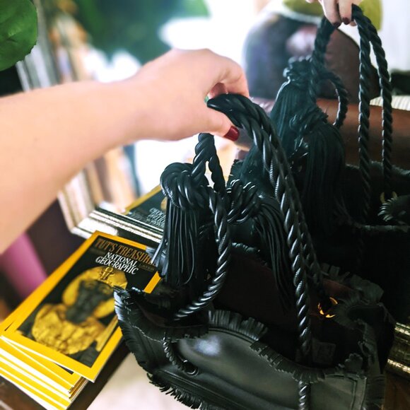 VALENTINO The Rope black fringe leather braided rope handle tote bag/Medium - Picture 8 of 14